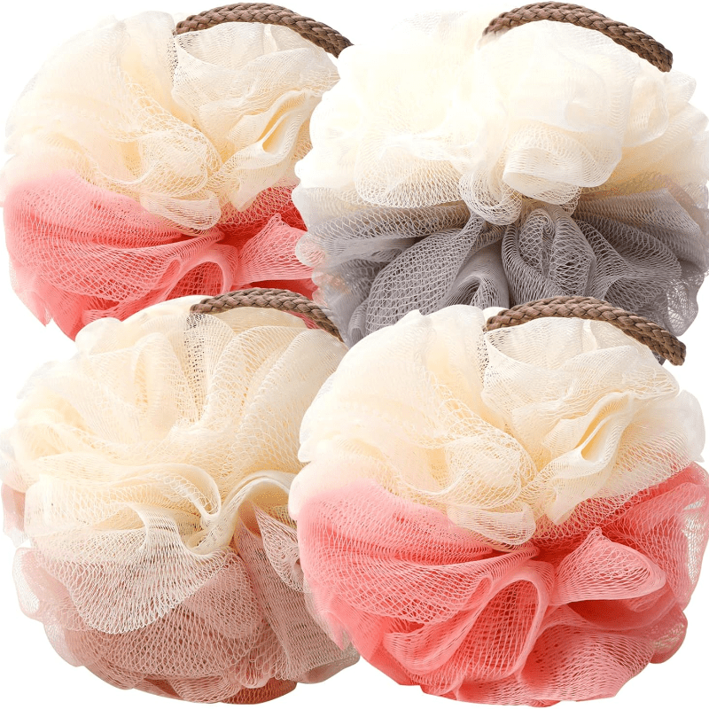 Ensemble de 4 éponges exfoliantes pour le spa à domicile, idéales pour la douche, avec boule de bain en filet, brosse pouf, et éponge de gommage pour le visage et le corps, pour une mousse abondante et onctueuse.