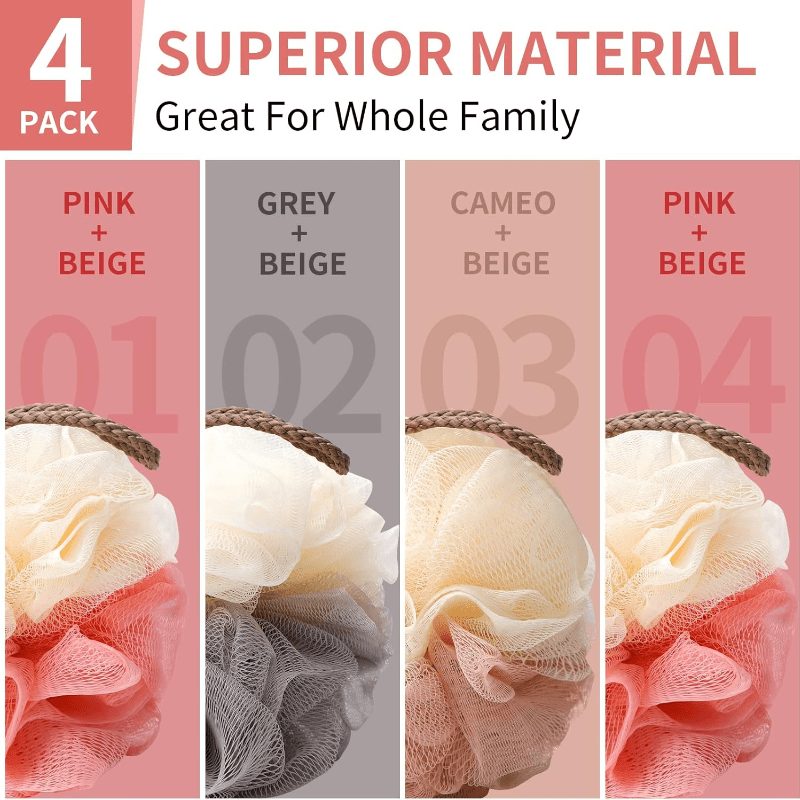 Ensemble de 4 éponges exfoliantes pour le spa à domicile, idéales pour la douche, avec boule de bain en filet, brosse pouf, et éponge de gommage pour le visage et le corps, pour une mousse abondante et onctueuse.