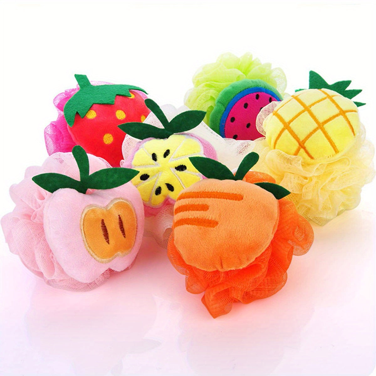 4pièces Éponges de bain de dessin animé sur le thème des fruits pour les jeunes - Billes de douche douces et non dispersées avec des designs mignons de fraises, d'ananas, d'orange et de melon, parfaites pour les garçons et les filles