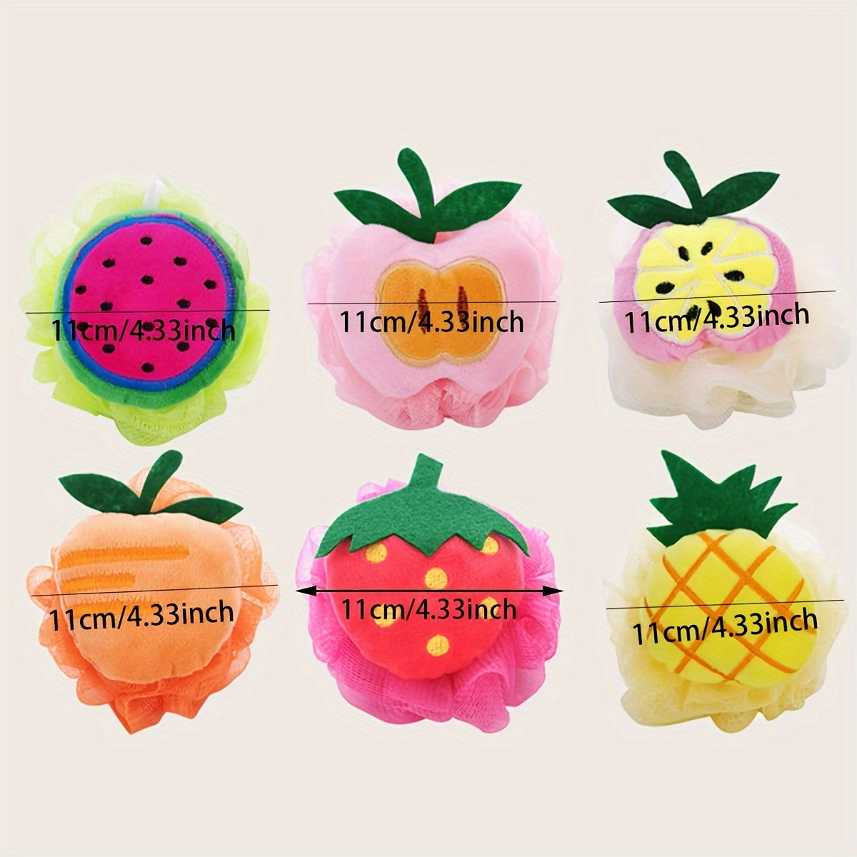 4pièces Éponges de bain de dessin animé sur le thème des fruits pour les jeunes - Billes de douche douces et non dispersées avec des designs mignons de fraises, d'ananas, d'orange et de melon, parfaites pour les garçons et les filles