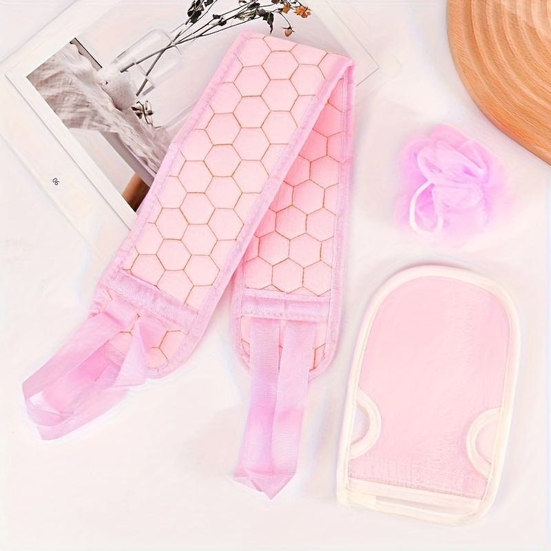 Lot de 3 pièces pour exfoliation du bain : Balle de douche, Gant de toilette, Serviette gommante et Râpe à dos - Accessoires spa et massage corporel - Idéal comme cadeau pour amis et famille