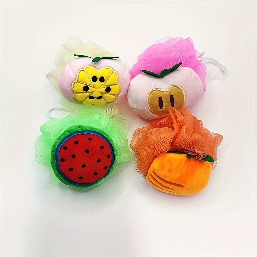 4pièces Éponges de bain de dessin animé sur le thème des fruits pour les jeunes - Billes de douche douces et non dispersées avec des designs mignons de fraises, d'ananas, d'orange et de melon, parfaites pour les garçons et les filles