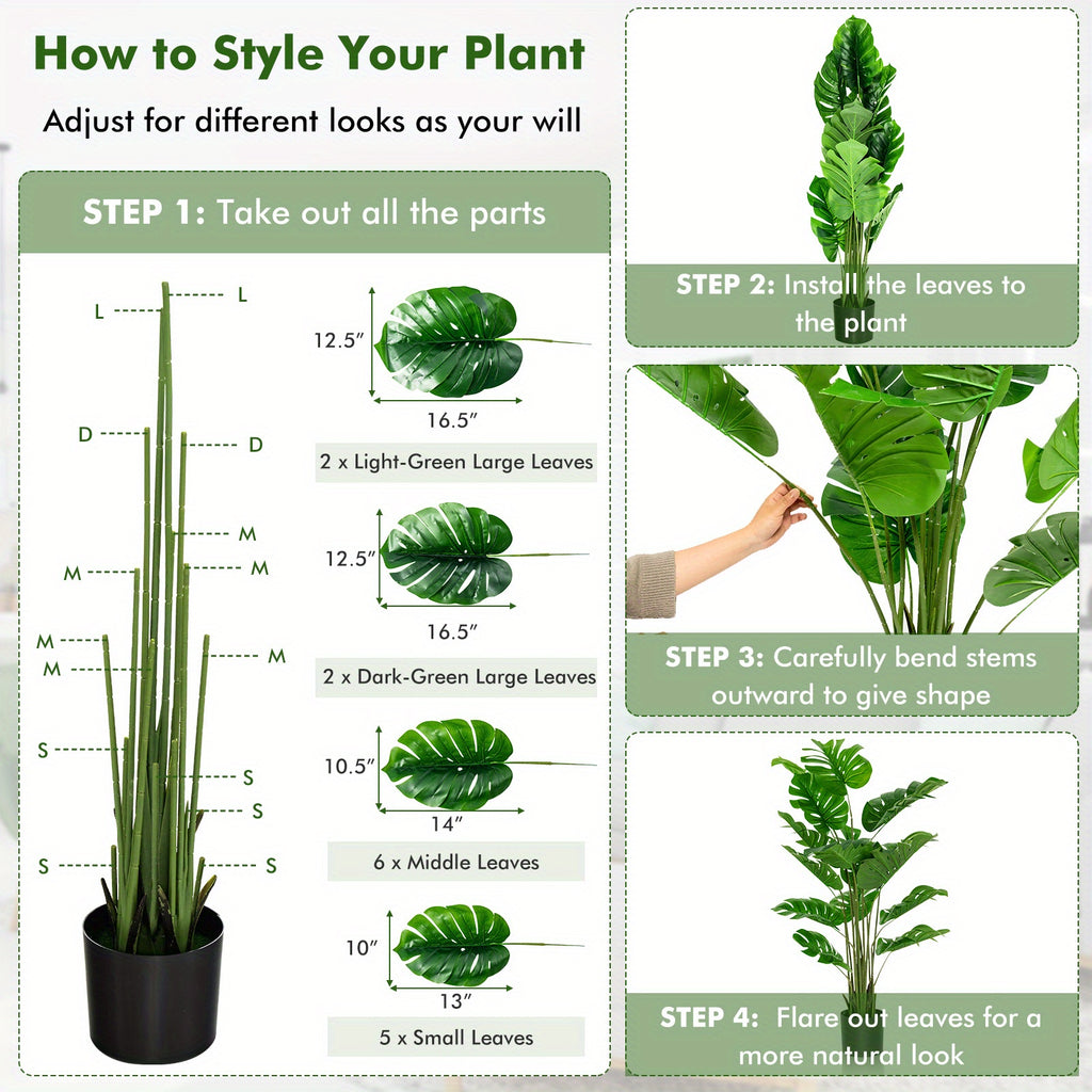 Plante artificielle Monstera Deliciosa Multigot, lot de 2, 1,5 m, avec pot en ciment, 15 grandes feuilles, aucun entretien requis, plantes artificielles décoratives, décoration intérieure et extérieure pour la maison et le bureau.