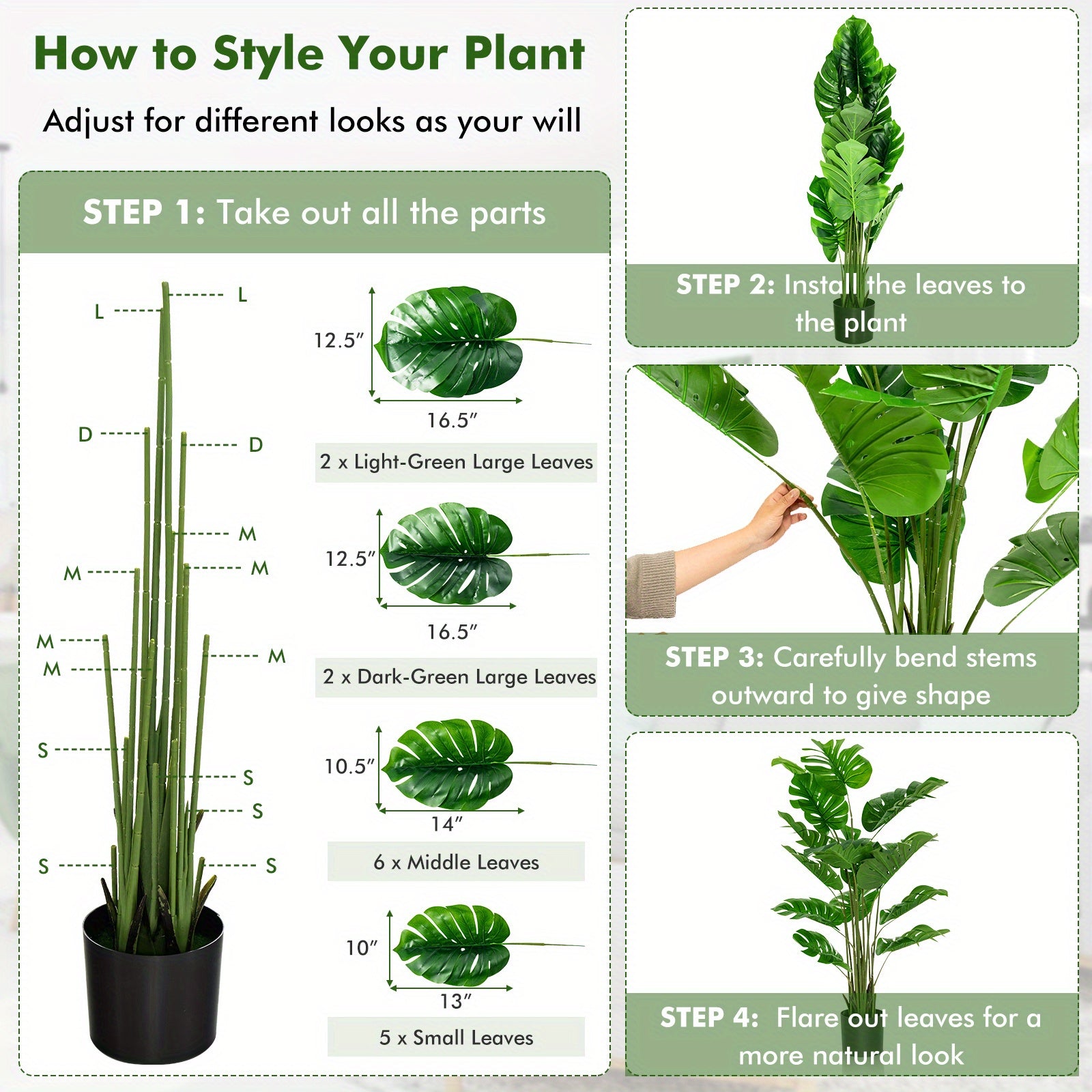 Plante artificielle Monstera Deliciosa Multigot, lot de 2, 1,5 m, avec pot en ciment, 15 grandes feuilles, aucun entretien requis, plantes artificielles décoratives, décoration intérieure et extérieure pour la maison et le bureau.