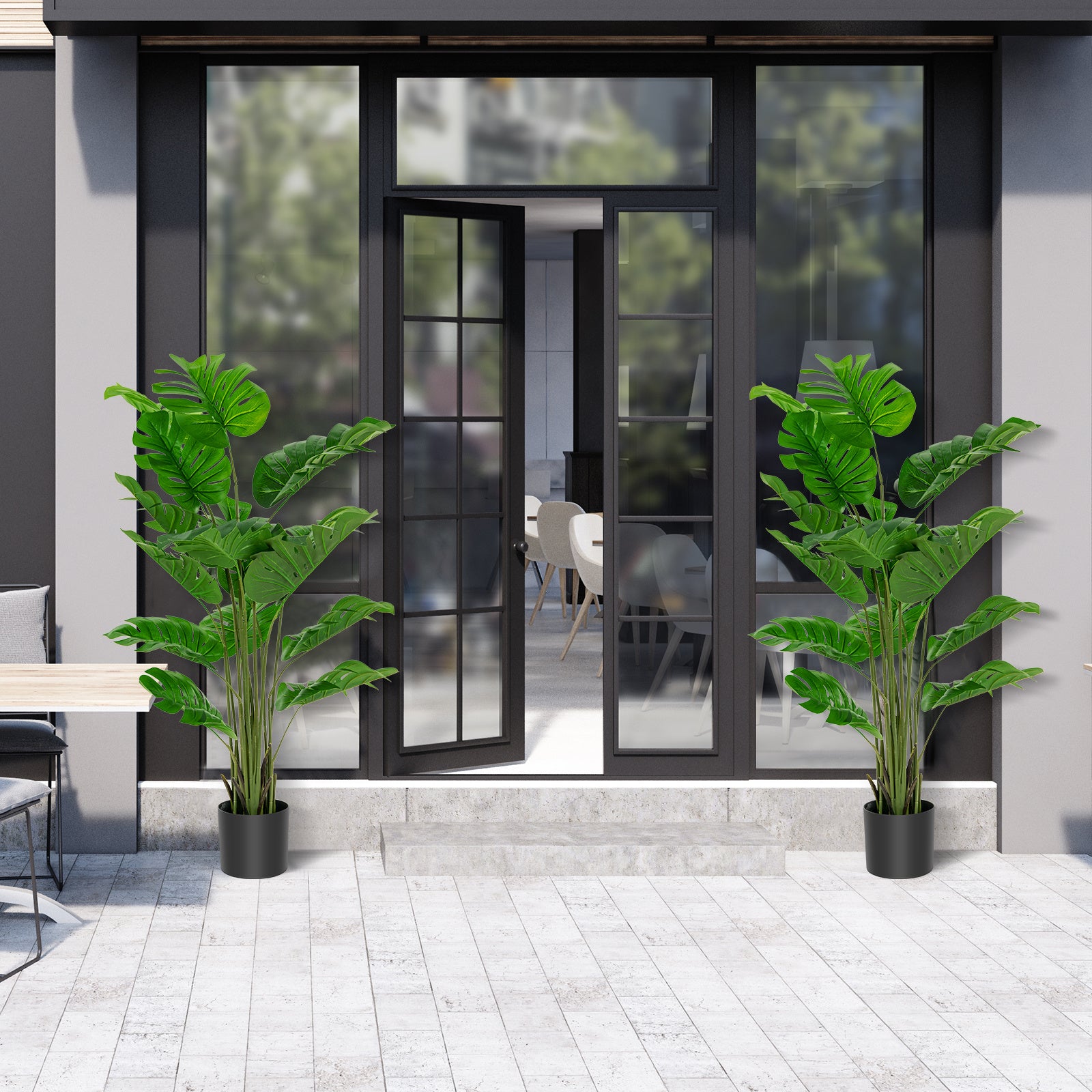 Plante artificielle Monstera Deliciosa Multigot, lot de 2, 1,5 m, avec pot en ciment, 15 grandes feuilles, aucun entretien requis, plantes artificielles décoratives, décoration intérieure et extérieure pour la maison et le bureau.