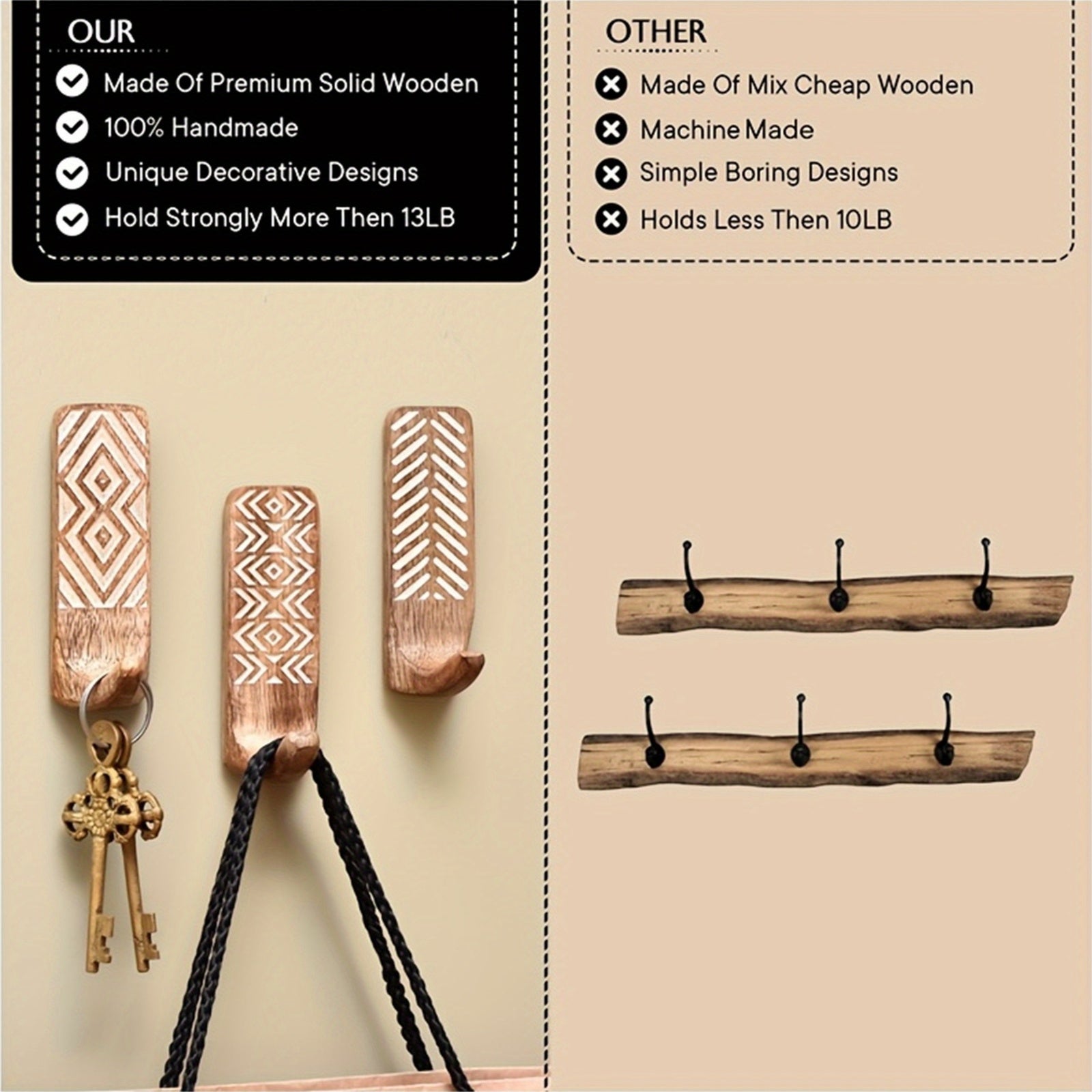 3pièces Crochets Muraux En Bois Auto-Adhésifs Crochets de Manteau Multi-Fonction Pour Cuisine Salon Maison, Crochets Utilitaires