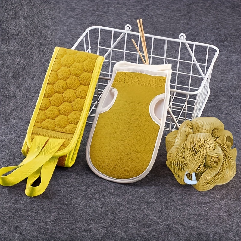 Lot de 3 pièces pour exfoliation du bain : Balle de douche, Gant de toilette, Serviette gommante et Râpe à dos - Accessoires spa et massage corporel - Idéal comme cadeau pour amis et famille