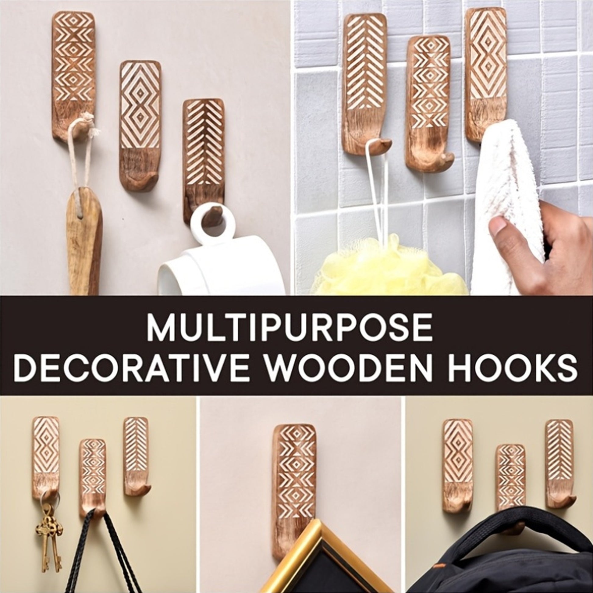 3pièces Crochets Muraux En Bois Auto-Adhésifs Crochets de Manteau Multi-Fonction Pour Cuisine Salon Maison, Crochets Utilitaires