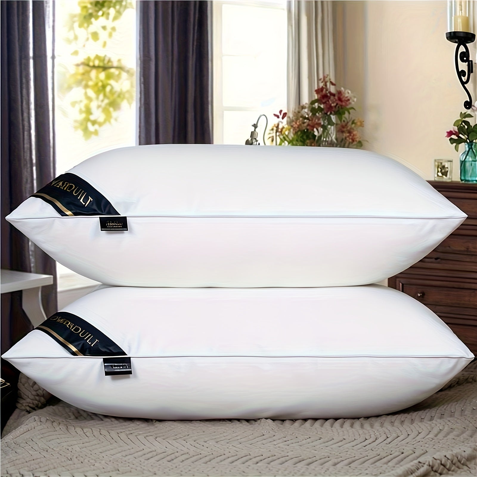 2 oreillers de luxe pour coussin de style hôtel 950g\u002F㎡ - Doux, confortable, aide au sommeil non collapsible, cadeau idéal pour la maison, blanc avec étiquette bleue, oreiller confortable | Design élégant de l'étiquette | Tissu durable