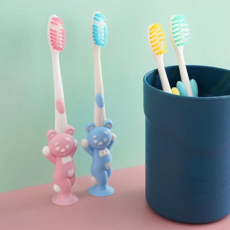 4 brosses à dents souples à tête petite - Motifs ours et lapin, soies fines, 4 couleurs macaron